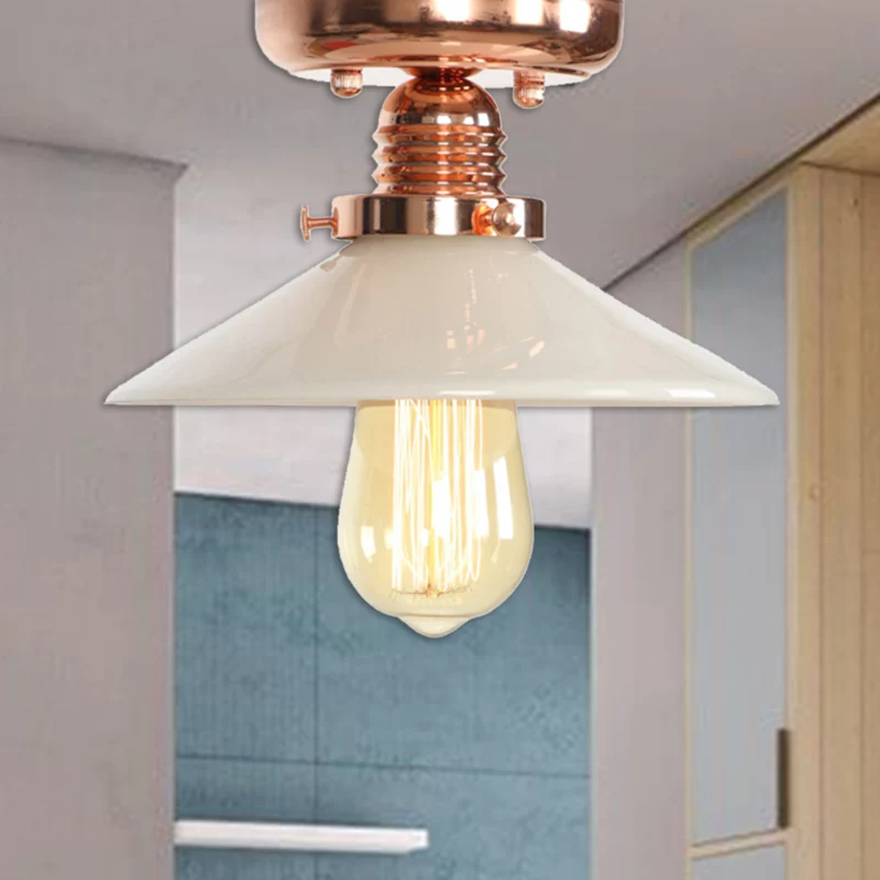 Semi-inbouw industriële kegel/schotel/golvend matglazen plafondlamp met enkele lamp koper Clearhalo