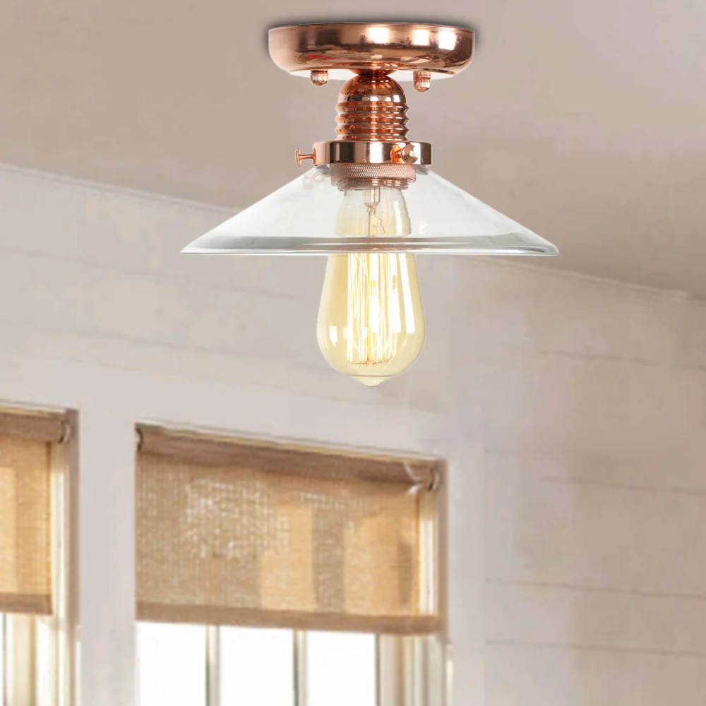 Semi-inbouw industriële kegel/schotel/golvend matglazen plafondlamp met enkele lamp koper Clearhalo