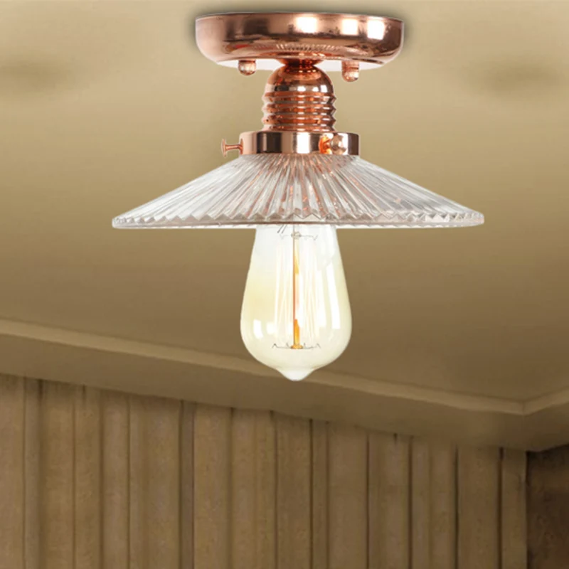 Semi-inbouw industriële kegel/schotel/golvend matglazen plafondlamp met enkele lamp koper Clearhalo