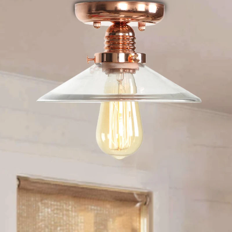 Semi-inbouw industriële kegel/schotel/golvend matglazen plafondlamp met enkele lamp koper Clearhalo