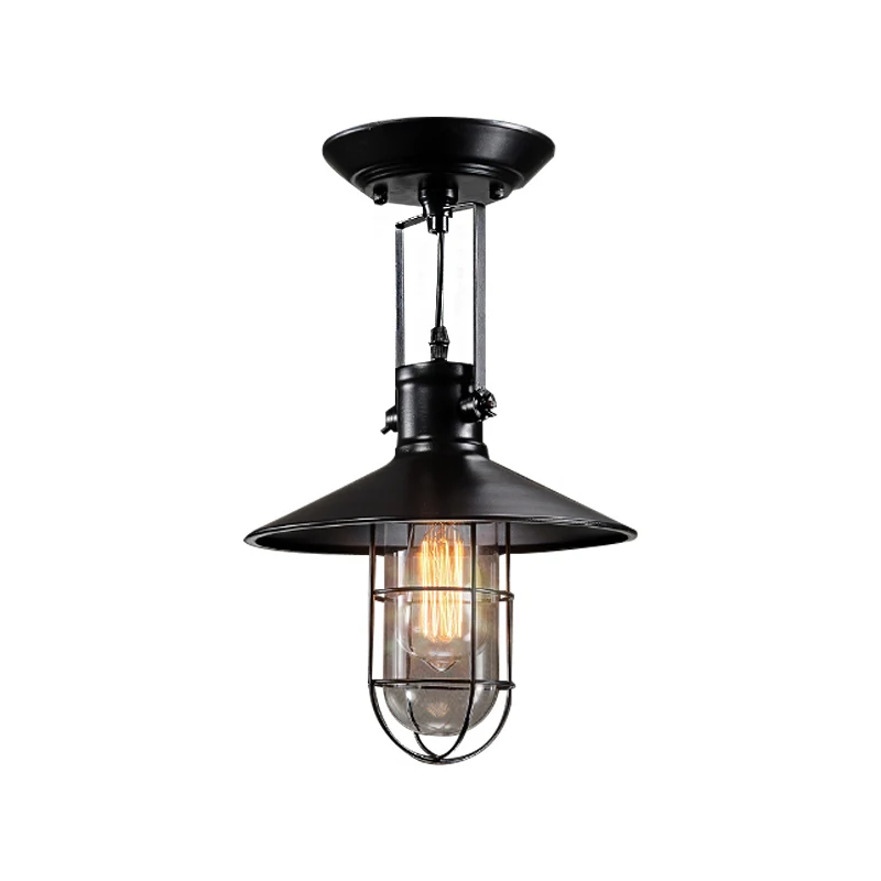 Semi-inbouw industriële kegelvormige metalen plafondlamp met enkele lamp zwart voor woonkamer met kooi Clearhalo