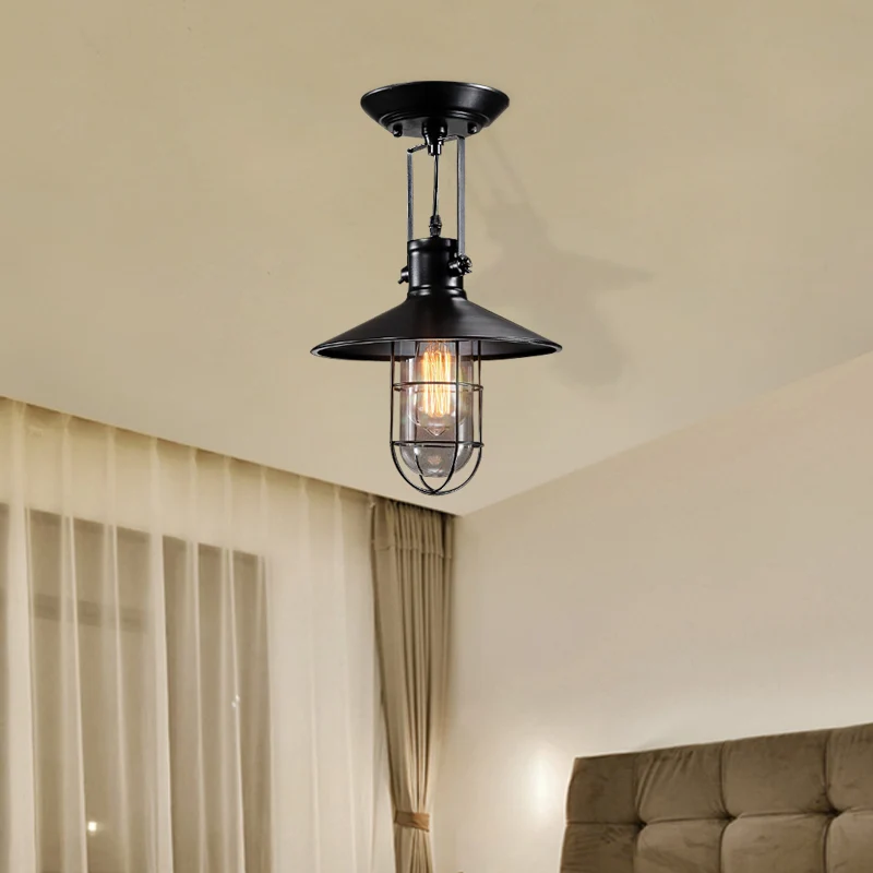 Semi-inbouw industriële kegelvormige metalen plafondlamp met enkele lamp zwart voor woonkamer met kooi Clearhalo
