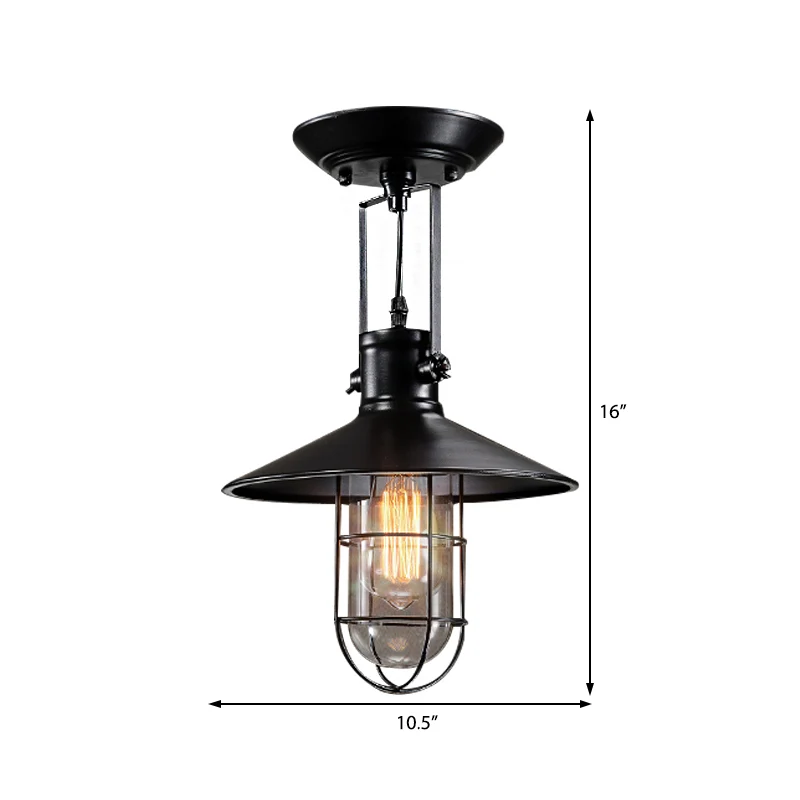 Semi-inbouw industriële kegelvormige metalen plafondlamp met enkele lamp zwart voor woonkamer met kooi Clearhalo
