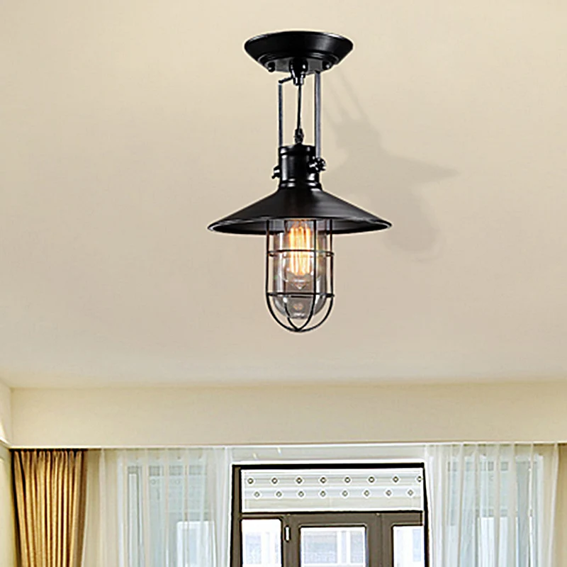 Semi-inbouw industriële kegelvormige metalen plafondlamp met enkele lamp zwart voor woonkamer met kooi Clearhalo