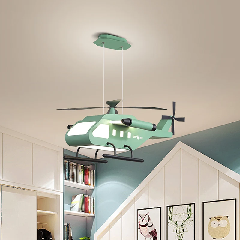 Set cartoon LED-hanglampen met metalen kap geel/groen helikopterhanglamp voor jongenskamer Clearhalo