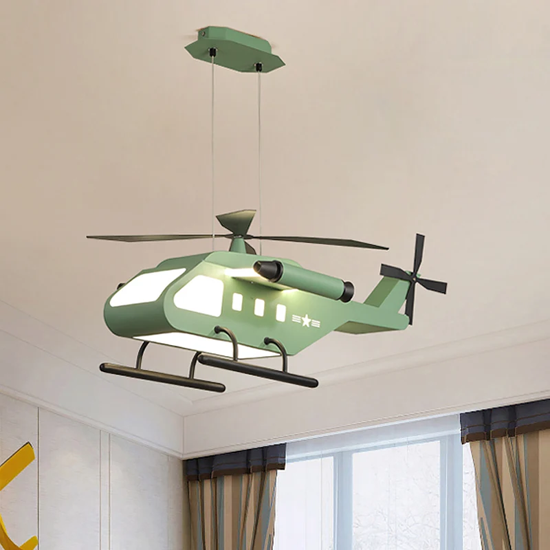 Set cartoon LED-hanglampen met metalen kap geel/groen helikopterhanglamp voor jongenskamer Clearhalo