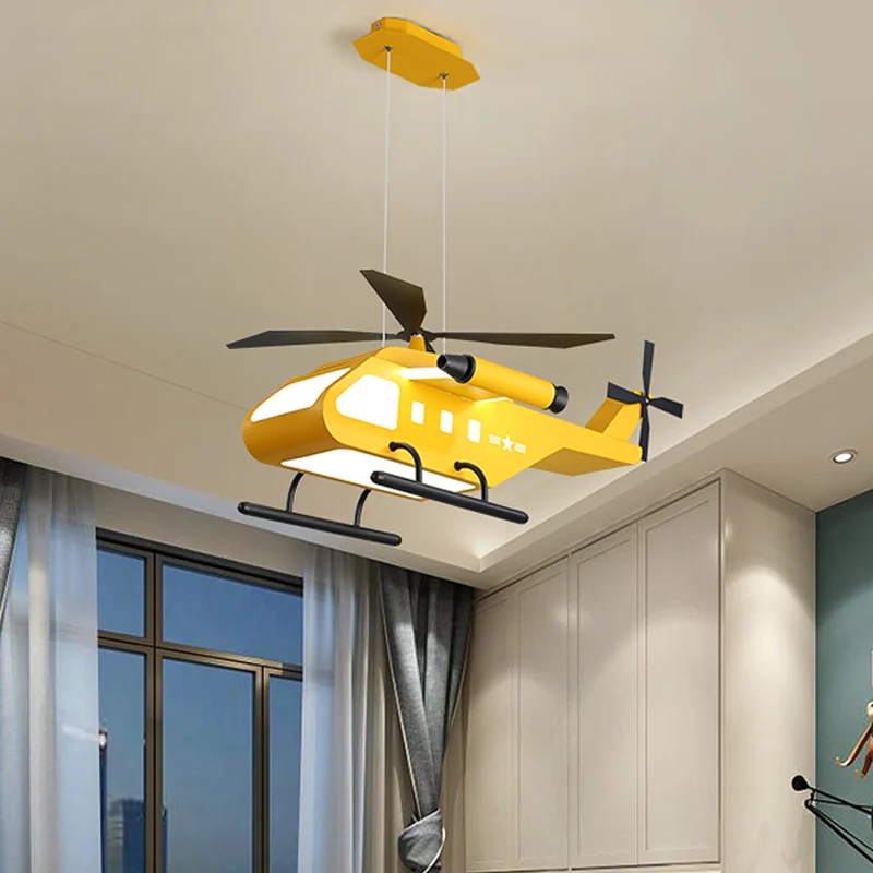 Set cartoon LED-hanglampen met metalen kap geel/groen helikopterhanglamp voor jongenskamer Clearhalo