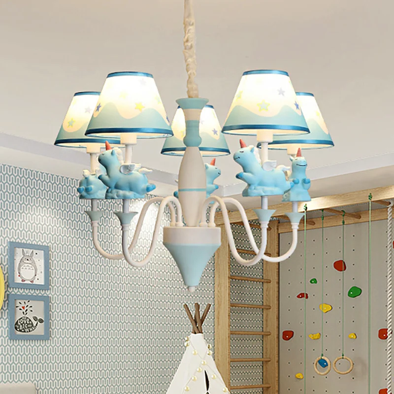 Slaapkamer taps toelopende schaduw hanglampen metaal 5-lichts cartoon eenhoorn kroonluchter blauw/goud/roze Clearhalo