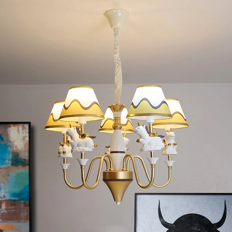 Slaapkamer taps toelopende schaduw hanglampen metaal 5-lichts cartoon eenhoorn kroonluchter blauw/goud/roze Clearhalo