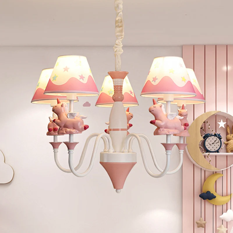 Slaapkamer taps toelopende schaduw hanglampen metaal 5-lichts cartoon eenhoorn kroonluchter blauw/goud/roze Clearhalo