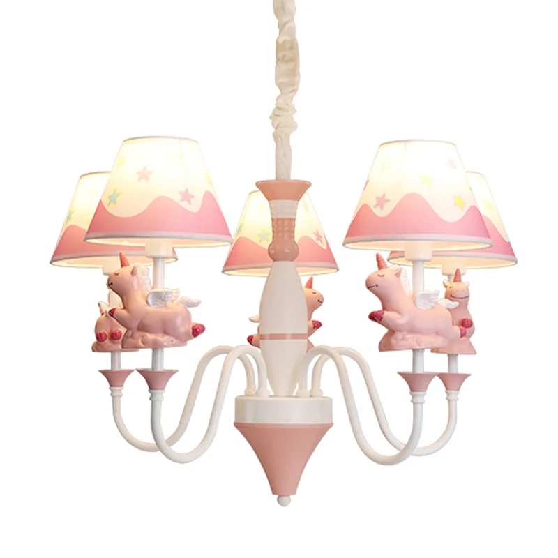 Slaapkamer taps toelopende schaduw hanglampen metaal 5-lichts cartoon eenhoorn kroonluchter blauw/goud/roze Clearhalo