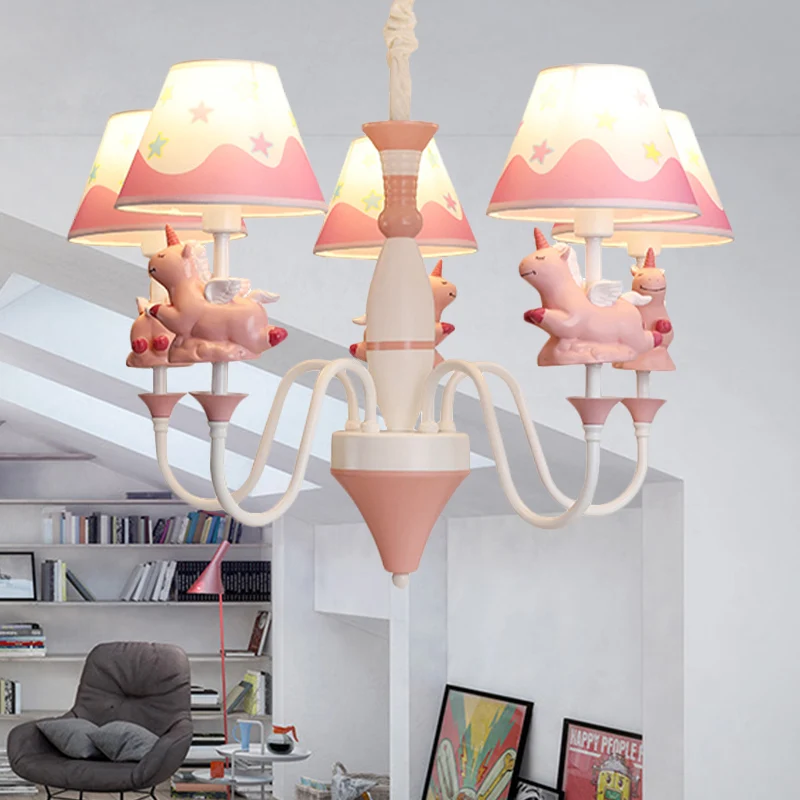 Slaapkamer taps toelopende schaduw hanglampen metaal 5-lichts cartoon eenhoorn kroonluchter blauw/goud/roze Clearhalo