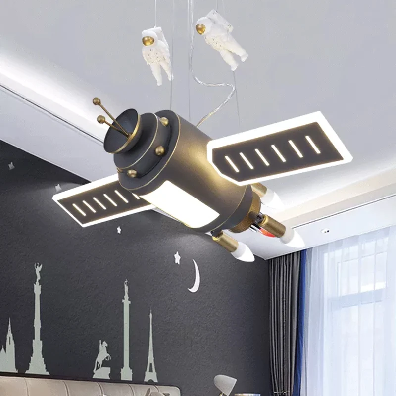 Space Satellite Astronaut hanglamp kinderhars donkergrijze LED-kroonluchterlamp voor slaapkamer Clearhalo