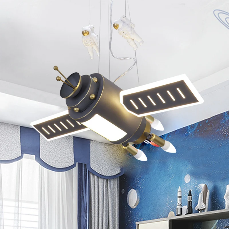 Space Satellite Astronaut hanglamp kinderhars donkergrijze LED-kroonluchterlamp voor slaapkamer Clearhalo