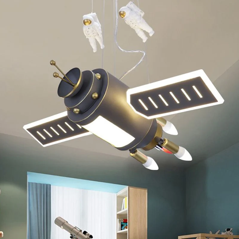 Space Satellite Astronaut hanglamp kinderhars donkergrijze LED-kroonluchterlamp voor slaapkamer Clearhalo