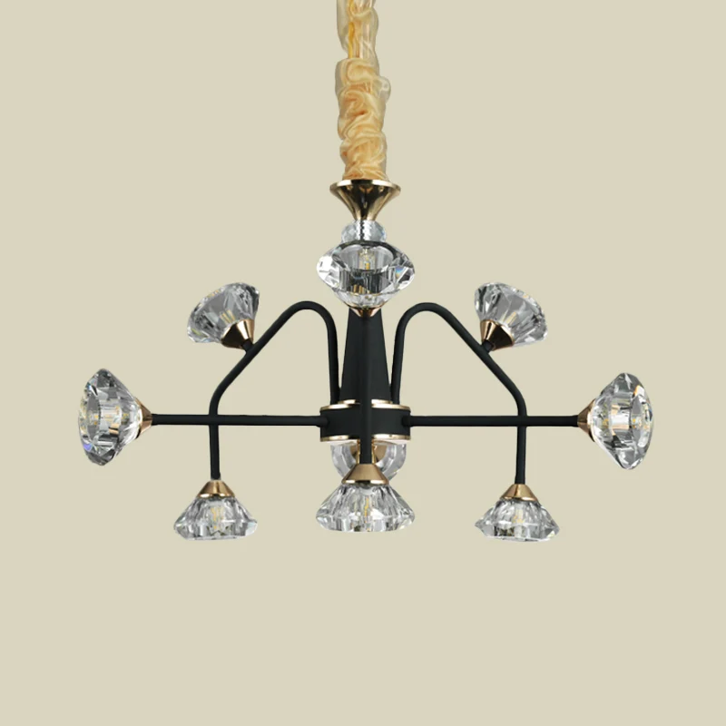 Spoetnik slaapkamer kroonluchterlamp modern metaal 9 lampen zwarte hanglamp met diamanten kristallen kap Clearhalo