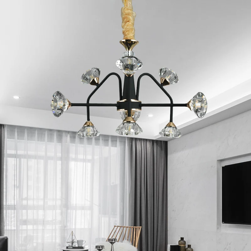 Spoetnik slaapkamer kroonluchterlamp modern metaal 9 lampen zwarte hanglamp met diamanten kristallen kap Clearhalo