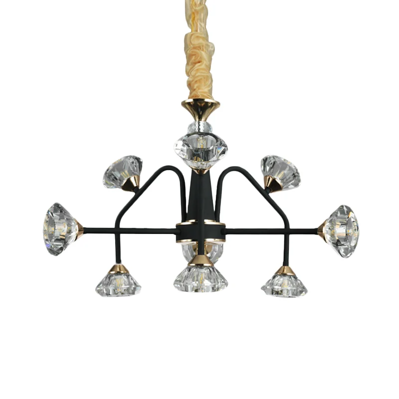 Spoetnik slaapkamer kroonluchterlamp modern metaal 9 lampen zwarte hanglamp met diamanten kristallen kap Clearhalo