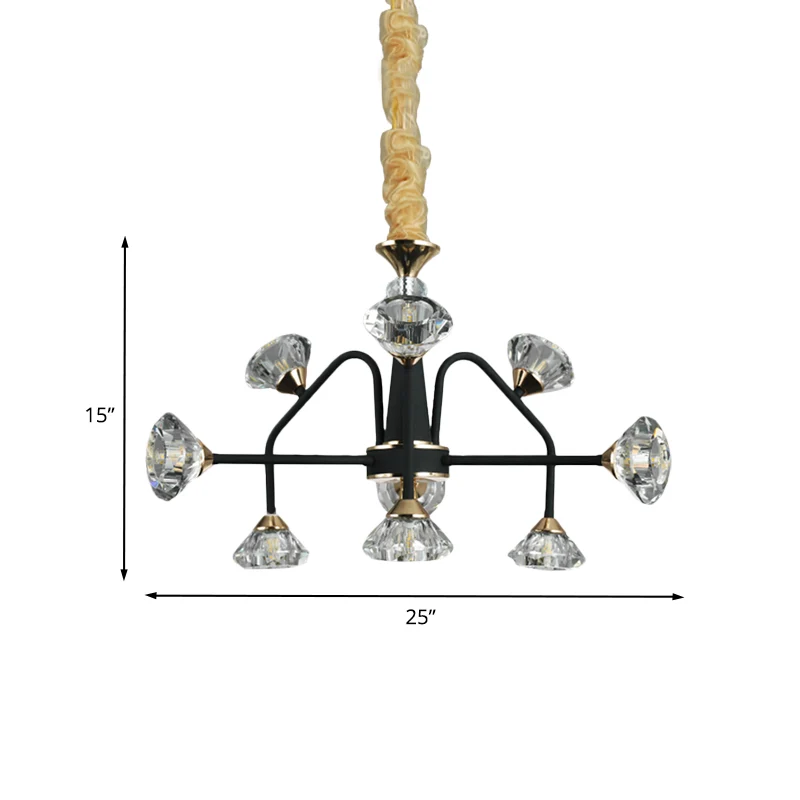 Spoetnik slaapkamer kroonluchterlamp modern metaal 9 lampen zwarte hanglamp met diamanten kristallen kap Clearhalo