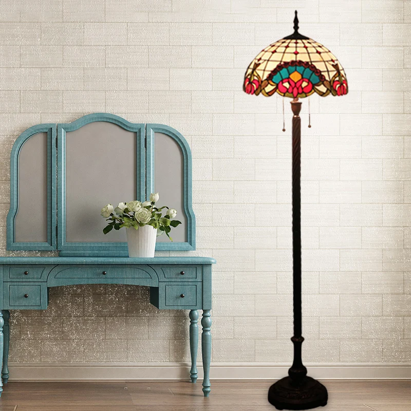 Staande lichtbarokke koepelvormige handgeslepen glazen leeslamp met 2 lampen zwart met trekketting Clearhalo