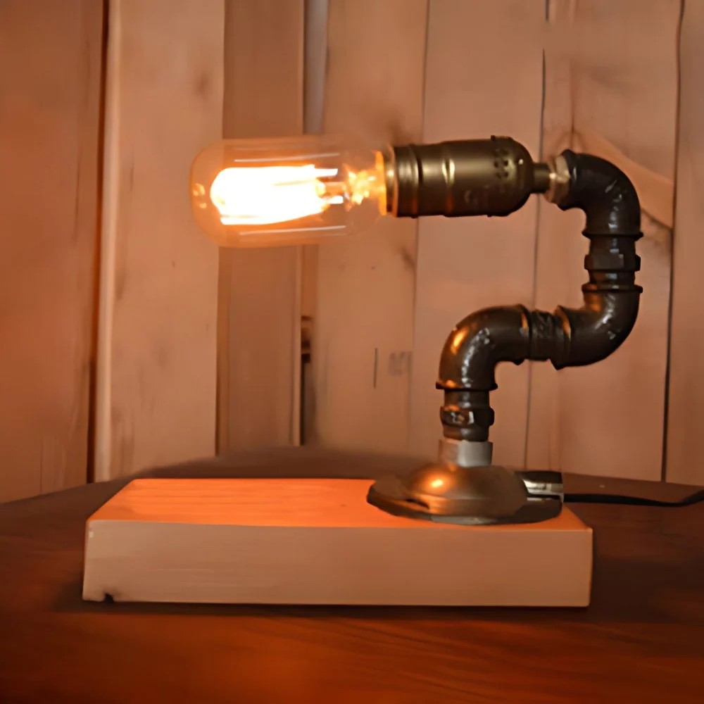 1 Staande tafellamp met gebogen buis, industriële messing afwerking, metalen verlichtingsarmatuur met houten voet Clearhalo