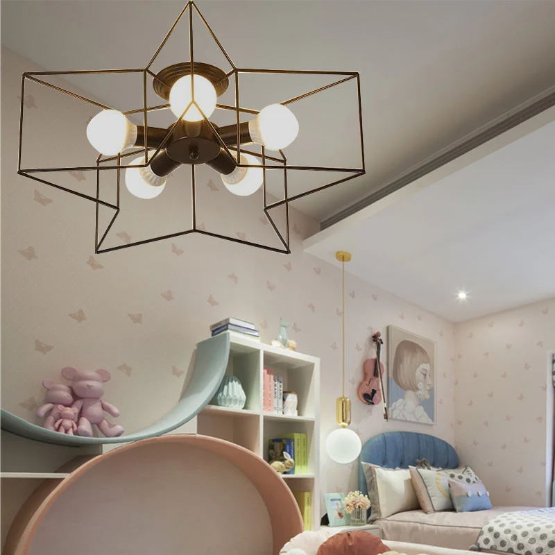 Star Cage Metallic Shade Semi Flush hanglamp Loft Stijlvolle 5-lichts slaapkamer plafondverlichting zwart/wit Clearhalo