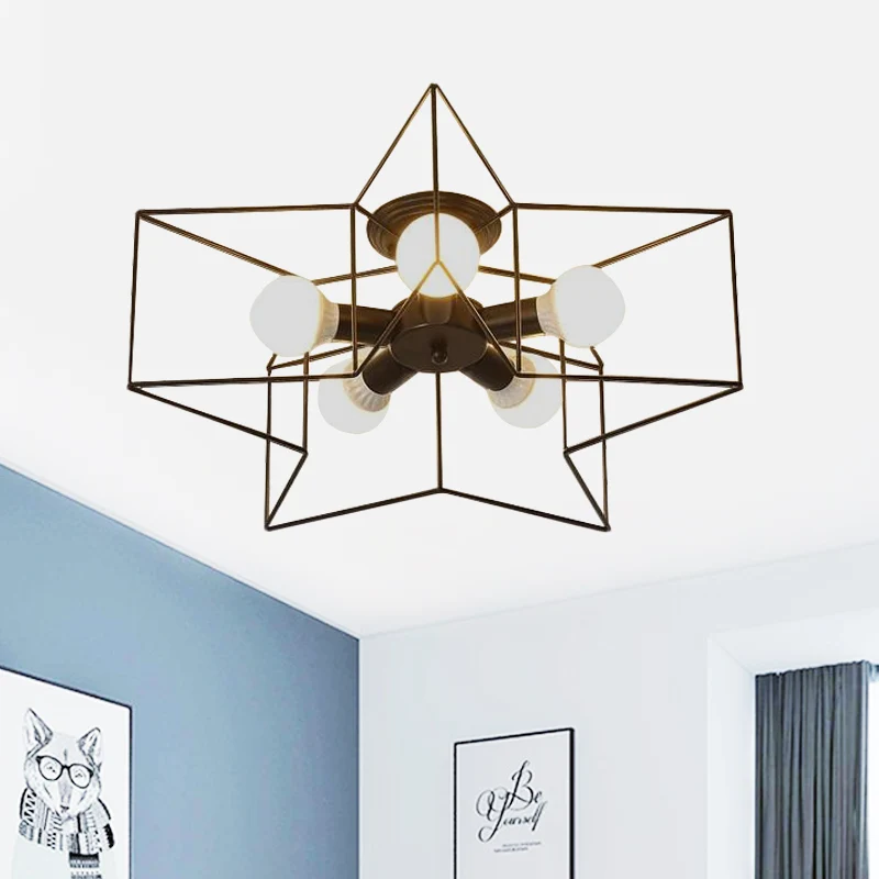 Star Cage Metallic Shade Semi Flush hanglamp Loft Stijlvolle 5-lichts slaapkamer plafondverlichting zwart/wit Clearhalo