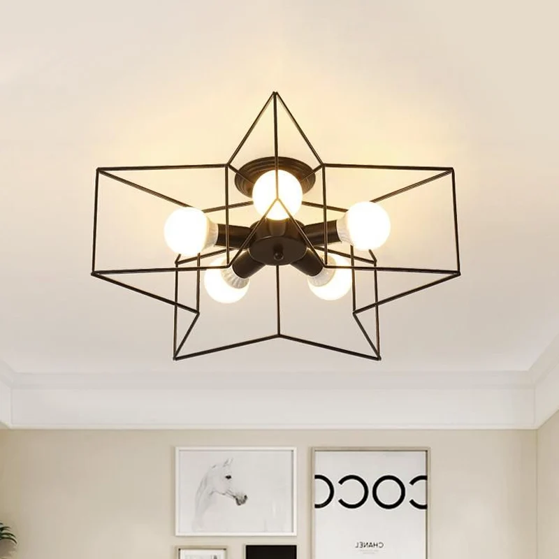 Star Cage Metallic Shade Semi Flush hanglamp Loft Stijlvolle 5-lichts slaapkamer plafondverlichting zwart/wit Clearhalo