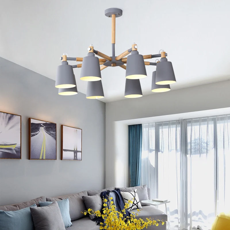 Starburst kroonluchterlamp Scandinavisch hout 8-lichts plafondhanger met conische metalen kap Clearhalo