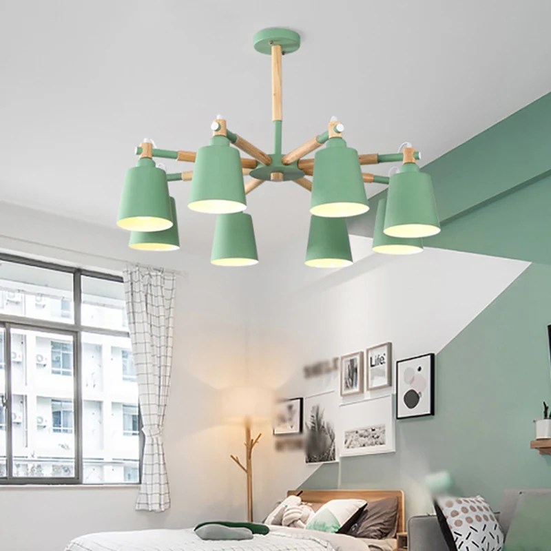 Starburst kroonluchterlamp Scandinavisch hout 8-lichts plafondhanger met conische metalen kap Clearhalo