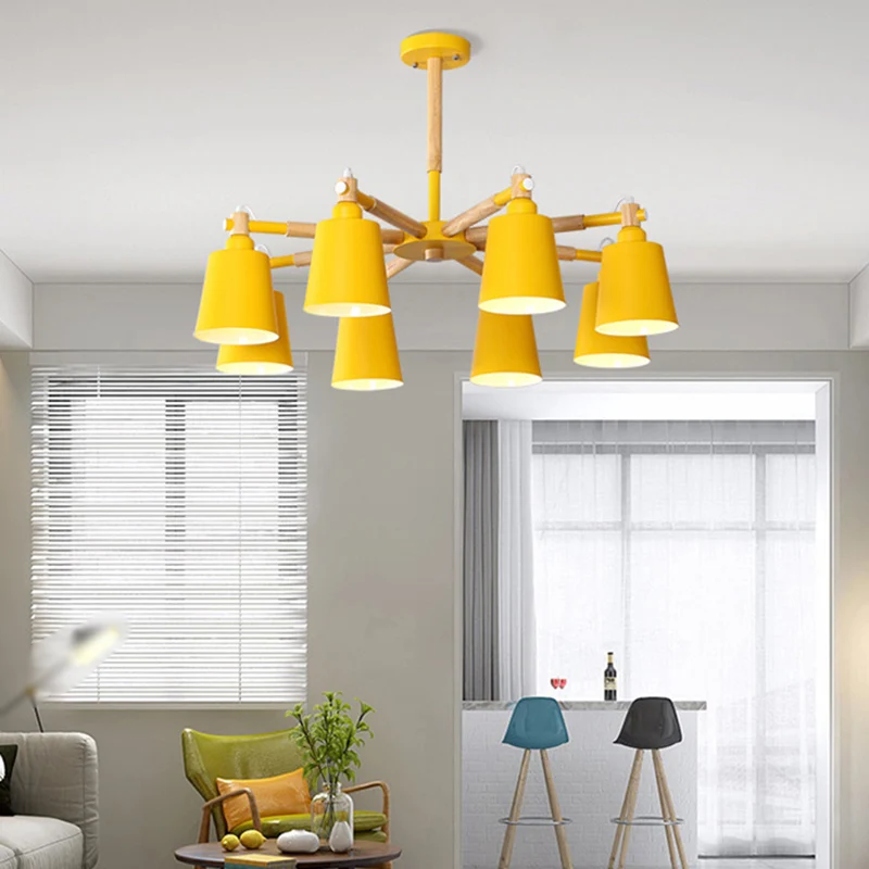 Starburst kroonluchterlamp Scandinavisch hout 8-lichts plafondhanger met conische metalen kap Clearhalo