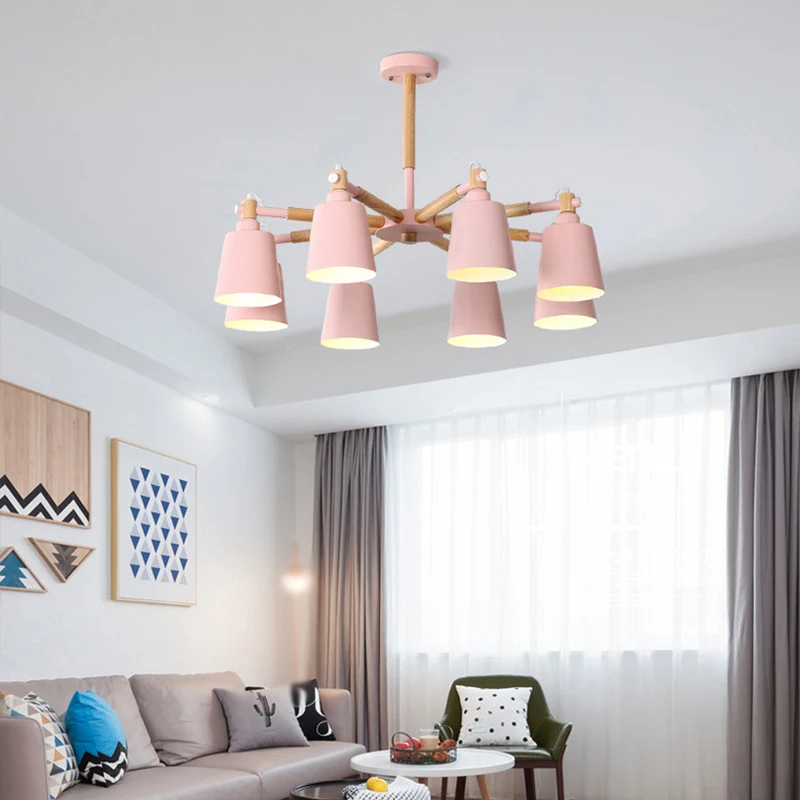 Starburst kroonluchterlamp Scandinavisch hout 8-lichts plafondhanger met conische metalen kap Clearhalo
