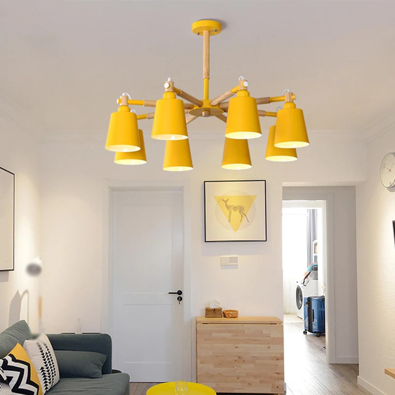 Starburst kroonluchterlamp Scandinavisch hout 8-lichts plafondhanger met conische metalen kap Clearhalo
