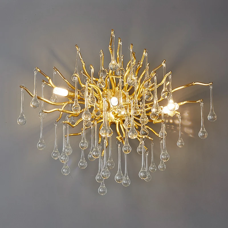 Starburst Wandmontage Licht Art Deco Helder/Rook Grijs/Veelkleurig Waterdrop Kristal 3 Hoofden Gouden Schans Lichtarmatuur...