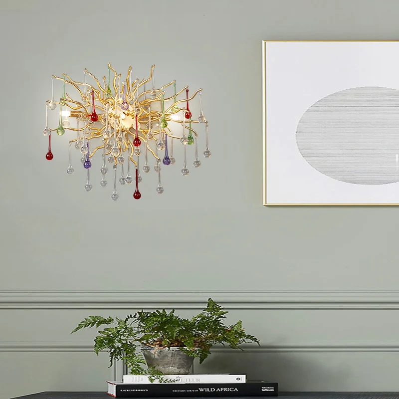 Starburst Wandmontage Licht Art Deco Helder/Rook Grijs/Veelkleurig Waterdrop Kristal 3 Hoofden Gouden Schans Lichtarmatuur...