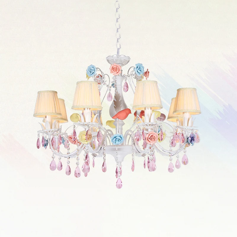 Stof witte hanglamp geplooide schaduw 3/8 lichten Koreaanse tuinhangende kroonluchter met roze kristal Clearhalo