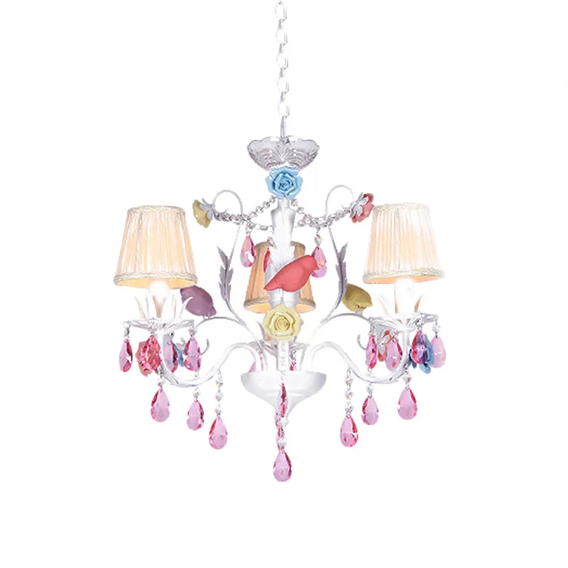 Stof witte hanglamp geplooide schaduw 3/8 lichten Koreaanse tuinhangende kroonluchter met roze kristal Clearhalo