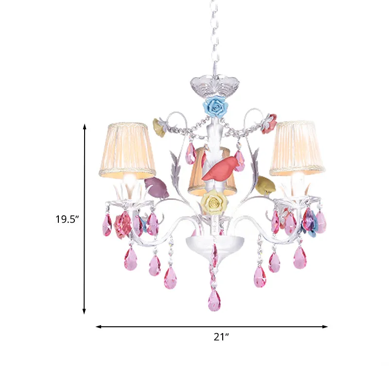 Stof witte hanglamp geplooide schaduw 3/8 lichten Koreaanse tuinhangende kroonluchter met roze kristal Clearhalo