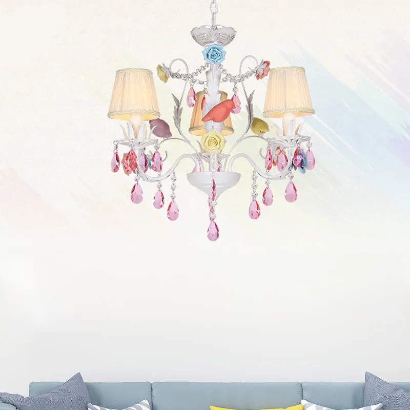 Stof witte hanglamp geplooide schaduw 3/8 lichten Koreaanse tuinhangende kroonluchter met roze kristal Clearhalo