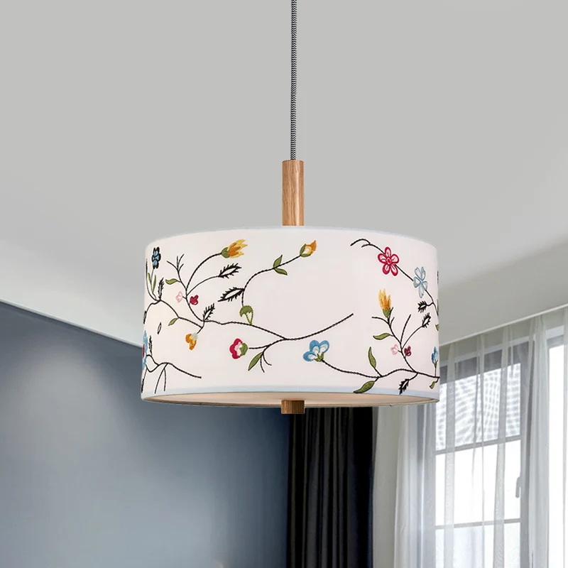 Stof witte slingerlichttrommel 1 kop Korea platteland hanglampset met borduurontwerp Clearhalo