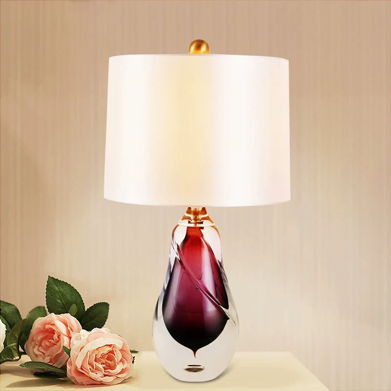 Stoffen Drum Tafellamp Eigentijds 1 Kops Witte Kleine Bureaulamp met Traanrood Geglazuurde Kristallen Voet Clearhalo