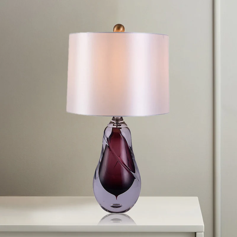 Stoffen Drum Tafellamp Eigentijds 1 Kops Witte Kleine Bureaulamp met Traanrood Geglazuurde Kristallen Voet Clearhalo