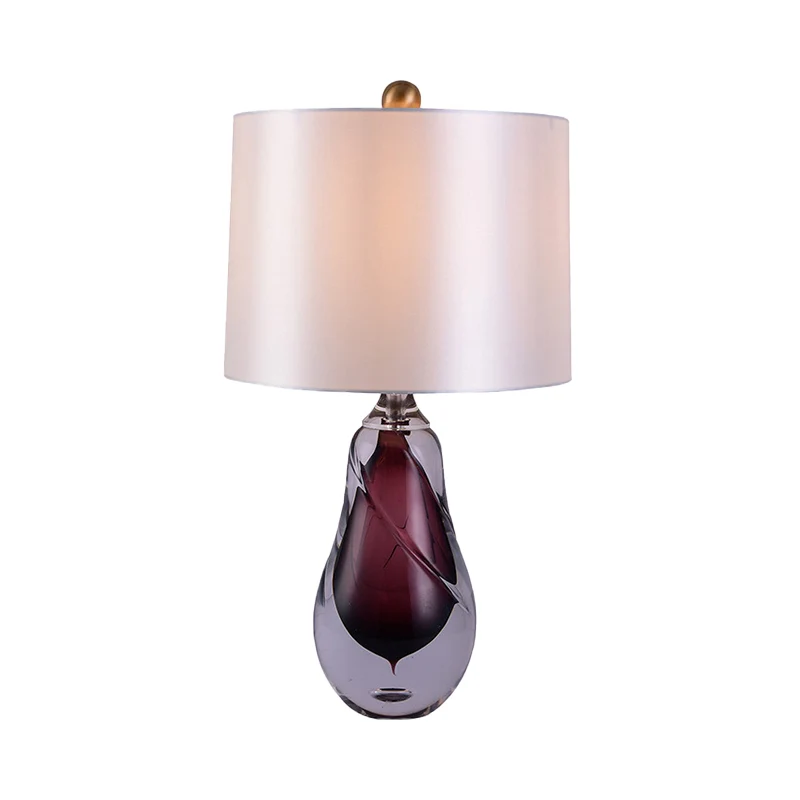 Stoffen Drum Tafellamp Eigentijds 1 Kops Witte Kleine Bureaulamp met Traanrood Geglazuurde Kristallen Voet Clearhalo