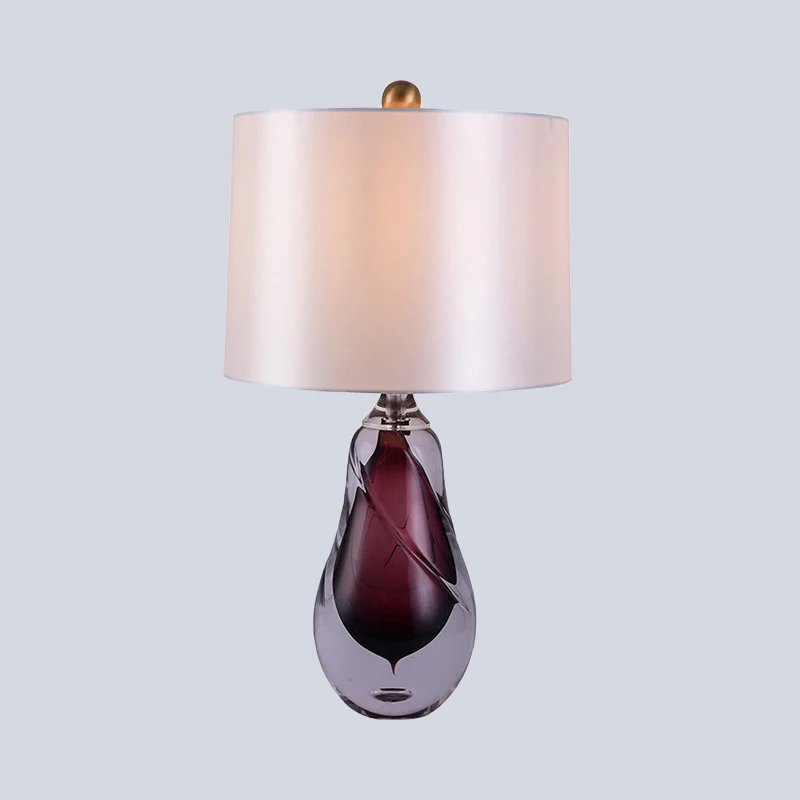 Stoffen Drum Tafellamp Eigentijds 1 Kops Witte Kleine Bureaulamp met Traanrood Geglazuurde Kristallen Voet Clearhalo