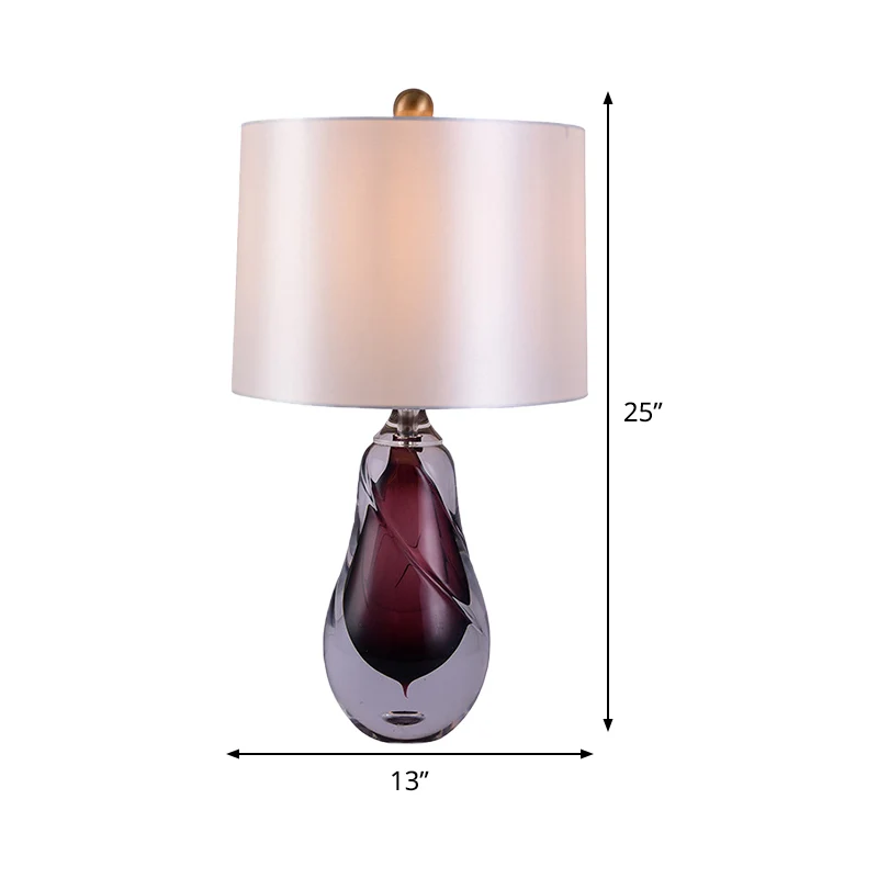 Stoffen Drum Tafellamp Eigentijds 1 Kops Witte Kleine Bureaulamp met Traanrood Geglazuurde Kristallen Voet Clearhalo