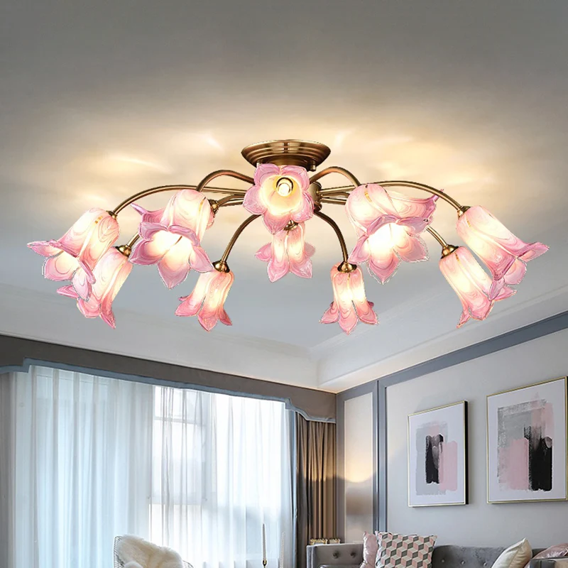 10 stuks plafondmontage armatuur pastorale slaapkamer LED semi-inbouwverlichting met lelie/tulp wit/paars/beige glazen kap...
