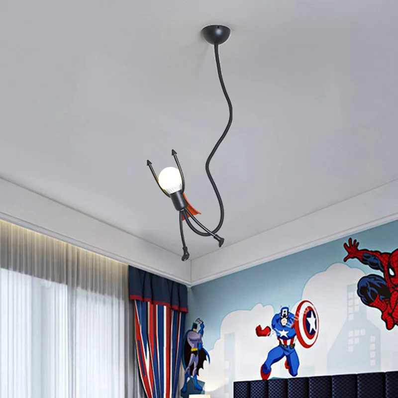 Super Hero mini hanglamp cartoon ijzer enkele kinderslaapkamer hanglamp zwart met zichtbaar lampontwerp Clearhalo