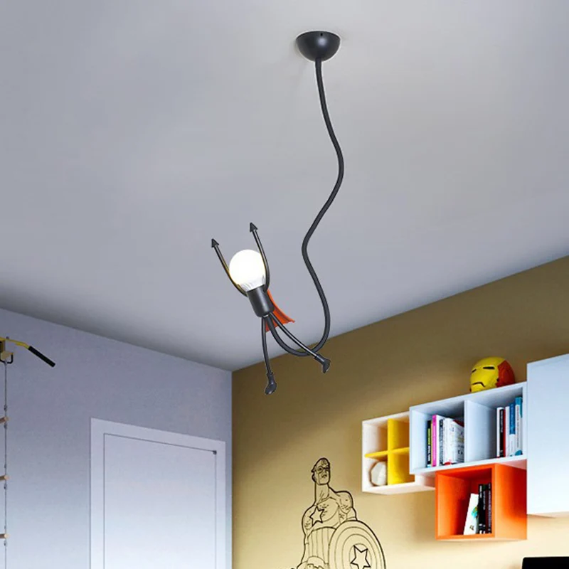 Super Hero mini hanglamp cartoon ijzer enkele kinderslaapkamer hanglamp zwart met zichtbaar lampontwerp Clearhalo