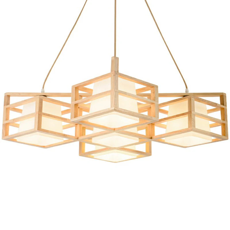 Symmetrische hangende verlichting kooistijl Scandinavische houten 5-koppige beige kroonluchter met meerdere hangers en opa...