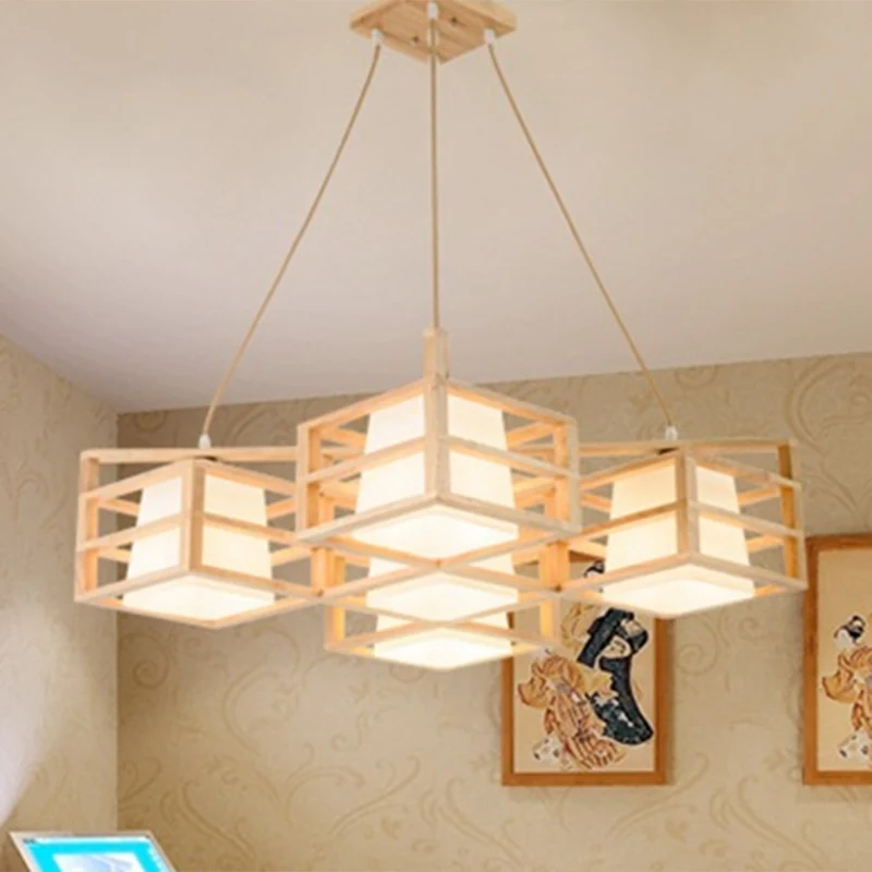 Symmetrische hangende verlichting kooistijl Scandinavische houten 5-koppige beige kroonluchter met meerdere hangers en opa...